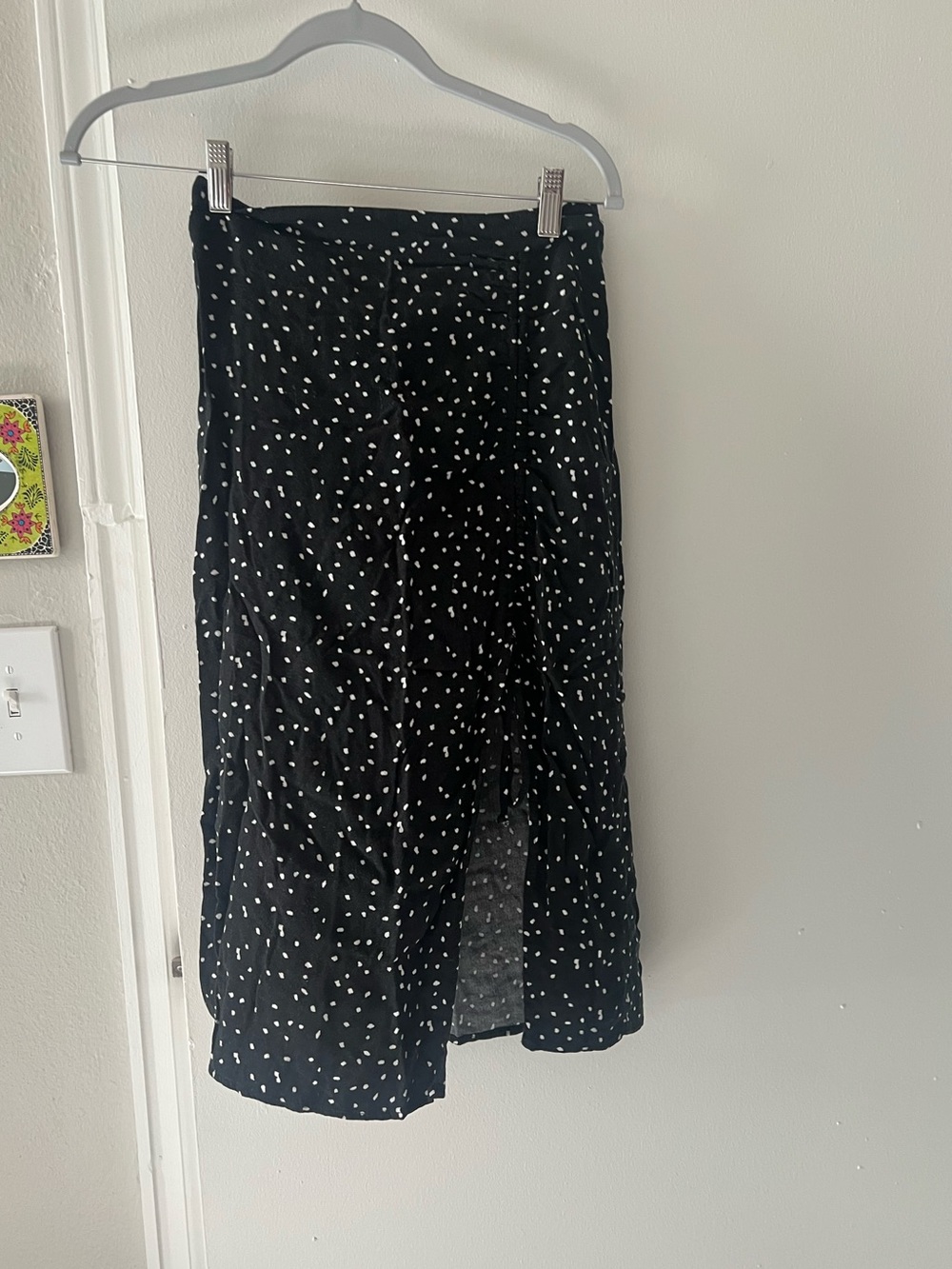 Black Polka Dot Midi Skirt with Front Slit